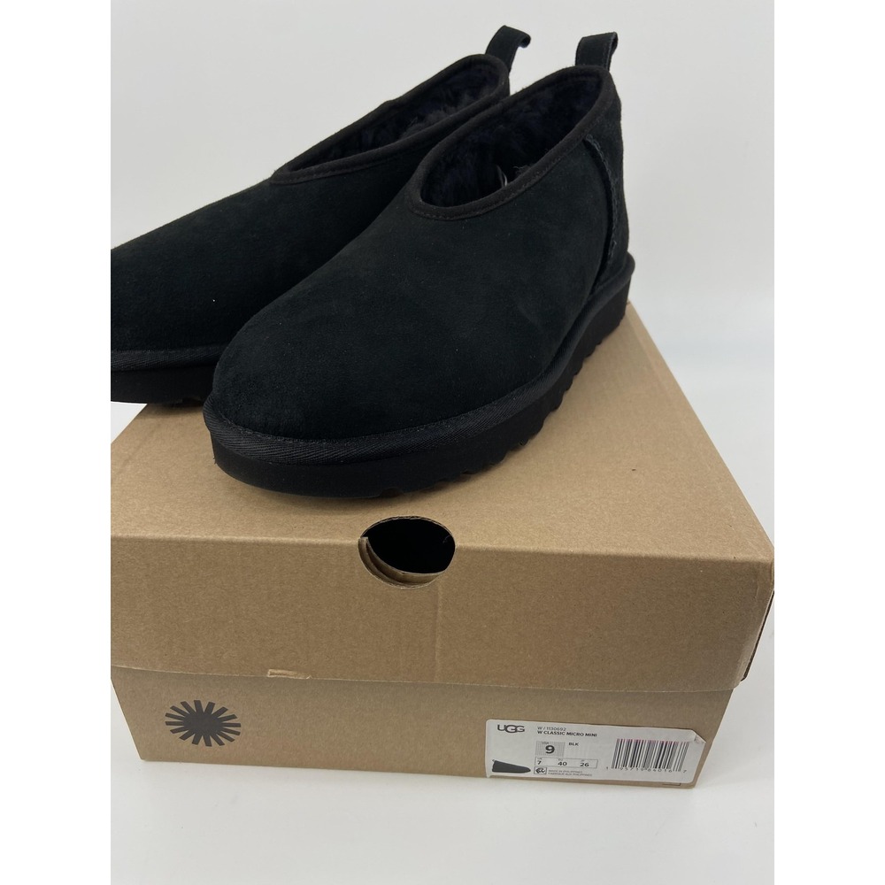UGG‎ Boots Womens 9 Black Micro Mini Suede Shearling Cozy Shoes Slipper